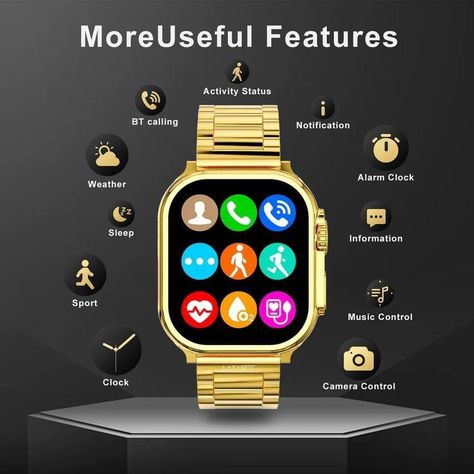 ULTRA GOLD SMART WATCH ⌚️ HOT SELLING 🔥PRICE 2899 ONLY DELIVERY FREE ALL OVER PAKSITAN🚚🚚🎁 For Order Whatsapp us on: 0327 4551784 🟢✅ آرڈر کرنے کیلئے وہٹس ایپ پر میسج کریں ڈلیوری فری کیش آن ڈلیوری کی سہولت موجود ہے Material: Metal, Silicone Usage Time: About 48 hrs Button Method: Full-Screen Touch Charging Port: Wireless Charging Waterproof Level: IP67 Screen Display: 2.02 Inches Product Feature: Long-Lasting Battery With Fast Charge, Health And Fitness Tracking Color: Golden Package Includes... Gold Smart Watch, Ultra Smart Watch, Outdoor Adventure Gear, Fitness Tracking, Dress Shirt And Tie, Ultra Series, Track Workout, Kids Fashion Clothes, Product Feature