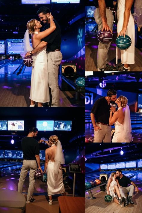 Bowling Photoshoot Couple, Bowling Alley Rehearsal Dinner, Bowling Engagement Party, Couples Bowling Date, Engagement Photos Bowling Alley, Bowling Alley Wedding Reception, Bowling Wedding Reception, Bowling Alley Photoshoot Couples, Bowling Alley Engagement Pictures