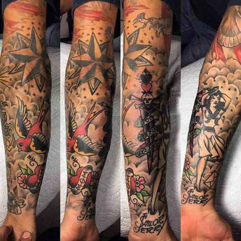 Sailor Jerry Leg Sleeve, Sailor Jerry Dragon Tattoo, American Traditional Florida Tattoo, Sailor Sleeve Tattoo, Sailor Tattoo Sleeve, Sailor Jerry Tattoo Sleeve, Traditional Sleeve Filler, Sailor Jerry Sleeve, American Traditional Tattoo Sleeve