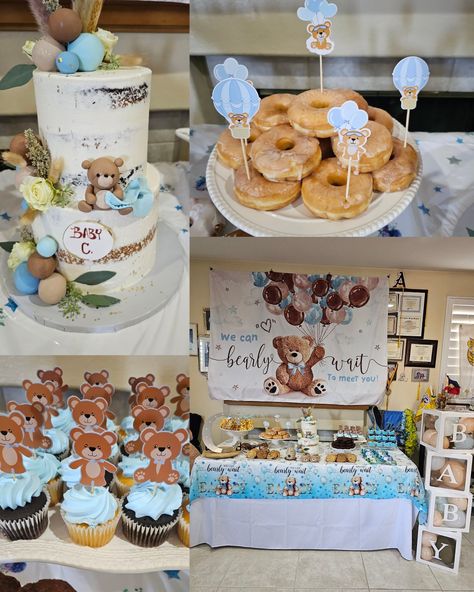 Dessert table, teddy bear, babyshower, boy, cake, baby blocks Bear Baby Shower Dessert Table, August Baby Shower, Shower Dessert Table, Baby Shower Dessert, Baby Shower Snacks, Baby Shower Dessert Table, Teddy Bear Theme, Baby Shower Theme Decorations, Boy Cake