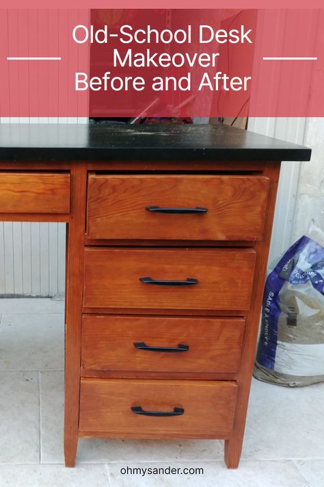 Do you think we can bring some life and personality to this vintage desk? Check out the completed piece on my blog. #paintedfurniture #makeover #painteddesk #beforeafter #DIY School Desk Makeover, Metal Desk Makeover, Chalk Paint Desk, Painted Secretary Desks, Vintage Hand Painted Furniture, Black Drawer Handles, Old School Desks, Vintage School Desk, Vintage Furniture Makeover