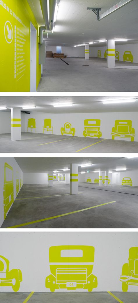 Das museale Parkhaus - The museum parking garage by Rawcut Design Studio, via Behance Carpark Design, Park Signage, Wayfinding Signs, Wayfinding Design, Signage System, Environmental Graphic Design, Office Branding, Wayfinding Signage, Parking Design