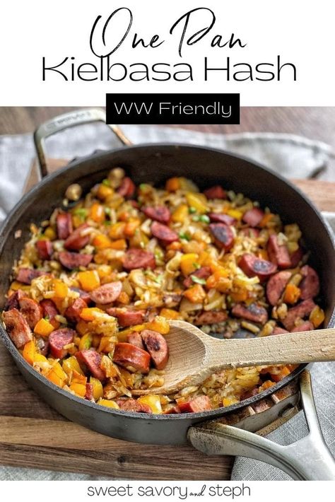 One pan kielbasa hash is an easy, crowd-pleaser of a meal.  It's perfect for breakfast, lunch, or dinner.  Turkey kielbasa is sautéed until crispy, and then tossed with cooked peppers, onions, and shredded hash browns. Top this hash with some over-easy eggs for the perfect meal. One Pan Kielbasa, Cooked Peppers, Turkey Kielbasa Recipes, Sweet Savory And Steph, Healthy Skillet Meals, Turkey Kielbasa, Kielbasa And Potatoes, Sausage Recipes For Dinner, Smoked Sausage Recipes