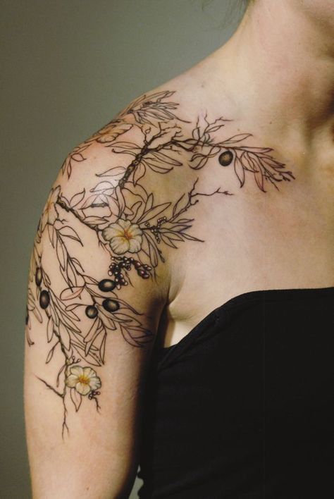 Tree Tattoo Shoulder, Olive Tree Tattoo, Tree Tattoo Black, Olive Tree Tattoos, Olive Tattoo, Tree Sleeve Tattoo, Tree Branch Tattoo, Olive Branch Tattoo, Christian Sleeve Tattoo