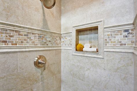 Bathroom shower accent tile - Teraporto Listello Travertine Mosaic Tile 3 x 12 in. Travertine Tile Bathroom, Bathroom Accents, Tub Surround, Room Tiles, Bathroom Tile Designs, Bathroom Shower Tile, Shower Tile Designs, The Tile Shop, Bathroom Remodel Shower