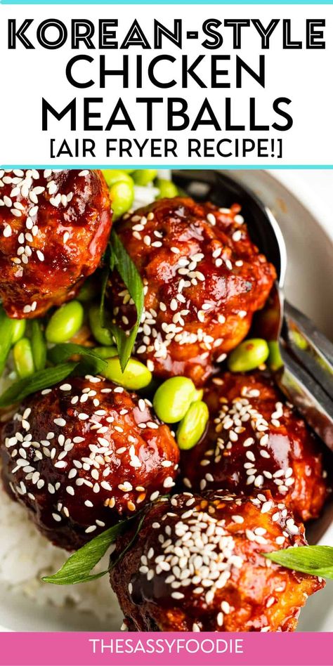 These Korean-inspired glazed chicken meatballs are the perfect weeknight meal solution, packed with a delicious balance of sweet, savory and spice. These juicy, homemade chicken meatballs come together in the air fryer in under 30 minutes, and are sauced up in a gochujang, brown sugar glaze. Whether you are serving these as minis for an appetizer, or full-size in a bowl, they are highly delicious! Asian Chicken Meatballs, Chicken Meatballs Healthy, Spicy Asian Chicken, Ground Chicken Meatballs, Korean Bbq Chicken, Meatballs And Rice, Glazed Meatballs, Chicken Meatball Recipes, Ground Chicken Recipes