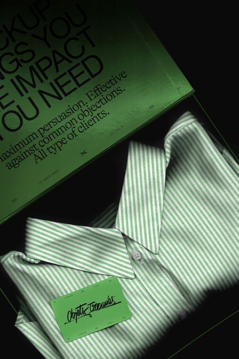 Elegant shirt packaging mockup with green striped shirt and tag, showcasing modern branding and typography design, perfect for graphics portfolio. Aesthetic mockup created by Bendito Mockup. This mockup belongs to the Objets Trouvés Collection, an homage to everyday objects with a selection of scanned ordinary items to showcase designs that are anything but ordinary. What's included: – Created for Adobe Photoshop – Dimensions – 4000px x 6000px / 300 dpi – Download file – 185,5MB Small Brand Packaging, Poly Bag Design Packaging, Brand Package Design, Apparel Packaging Ideas, Jeans Packaging, Packaging Design Clothing, Boxes Aesthetic, Gift Set Design, Butterfly Packaging