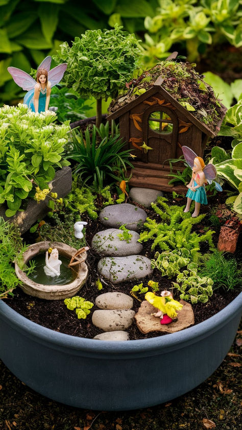 "Step into a whimsical wonderland with our enchanting indoor fairy tale garden ideas! 🌸🧚‍♂️ #GardenMagic #FairyTaleGarden" Fairy Garden Bucket, Porch Fairy Garden, Fairy Dish Garden Ideas, Cute Fairy Garden Ideas, Fairy Garden How To, Fairy Garden Plant Pot, Fairy Garden Jar, Fairy Gardens Outdoor, Indoor Fairy Gardens Diy