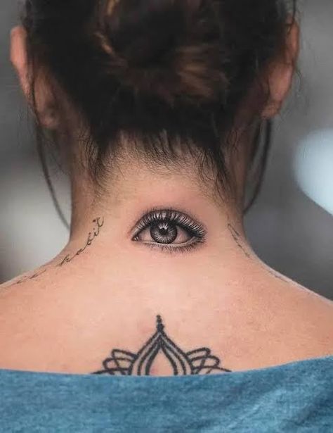 Eyeball Neck Tattoo, Eye Tattoo Behind Neck, Eye Neck Tattoos Women, Eye On Back Of Neck Tattoo, Back Of Neck Eye Tattoo, Closed Eyes Tattoo, Tattoo Nape Of Neck, Eye Tattoo On Back, Woman Eyes Tattoo