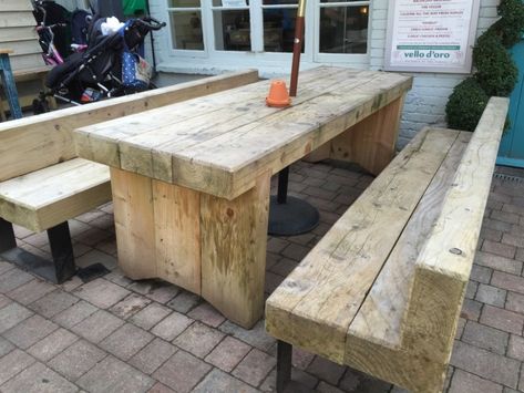 Sleeper Furniture Outdoor, Wooden Sleepers Ideas, Railway Sleeper Furniture, Sleeper Table, Sleeper Furniture, Sleepers Garden, Railway Sleepers Garden, Sleepers In Garden, Wooden Garden Table