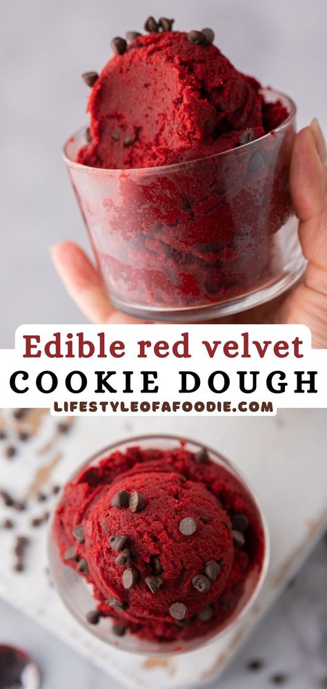 This edible red velvet cookie dough recipe is the ultimate safe-to-eat cookie dough with a classic red velvet flavor that will have you going for more! This recipe is made with white chocolate chips but feel free to mix in whatever you enjoy! Desserts With Everyday Ingredients, Red Velvet Cookie Dough Edible, Edible Red Velvet Cookie Dough, Best Homemade Dessert Recipes, Easy Desserts No Flour, Yummy Sweet Treats, Cool Easy Desserts, Edible Dough Recipes, Things To Do With Cookie Dough