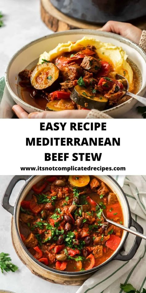 If you like Mediterranean foods as much as I do, I am certain that you will love this easily prepared Mediterranean Beef Stew. It is a one-pot meal, complete on its own, with cubes of beef, simmered until meltingly tender, in a rich tomato sauce with fresh vegetables and herbs. #mediterraneanbeefstew #beefstew #beefrecipes #meatdishes #meatstews #stewrecipes #cravecookconsume #itsnotcomplicatedrecipes Hearty Mediterranean Meals, Mediterranean Stew Crock Pot, Mediteranian Beef Recipes, Mediterranean Diet Recipes Beef, Summer Stew Recipes, Mediterranean Stew Recipes, Mediterranean Diet Stew, Mediterranean Beef Recipes, Summer Beef Stew