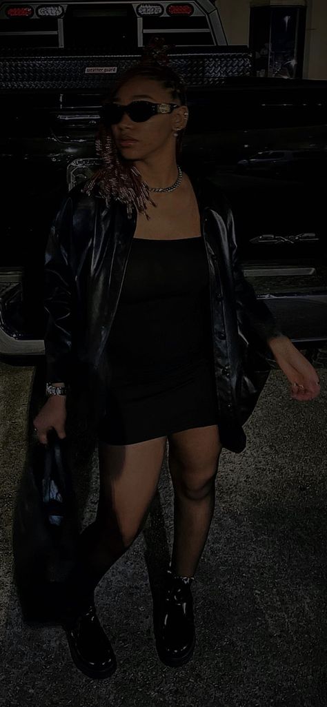 Black Dress With Leather Jacket, Leather Jacket Outfit Black Women, Combat Boots Winter Outfit, Mini Dress With Jacket, Black Dress Leather Jacket, Dress With Jacket Outfit, Black Dress Leather, Boots Winter Outfit, Telfar Black