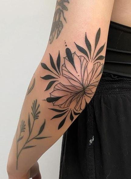 Negative Space Elbow Tattoo, Symmetrical Shoulder Tattoos For Women, Outer Elbow Tattoos For Women, Floral Half Sleeve Tattoo Upper Arm, Shoulder Tattoo Traditional, Arm Ditch Tattoo, Ornamental Sleeve Tattoo, Oaxaca Tattoo, Inside Elbow Tattoo