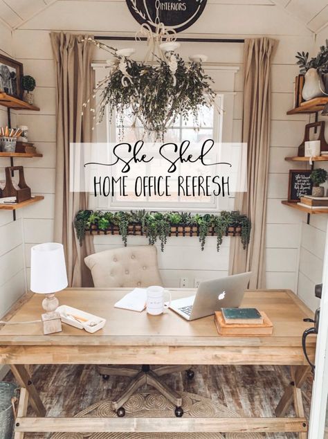 She Shed Office, Office Refresh, Farmhouse Office Decor, Shed Office, Shed Interior, Farmhouse Office, Office Aesthetic, Rustic Office, Home Office Inspiration