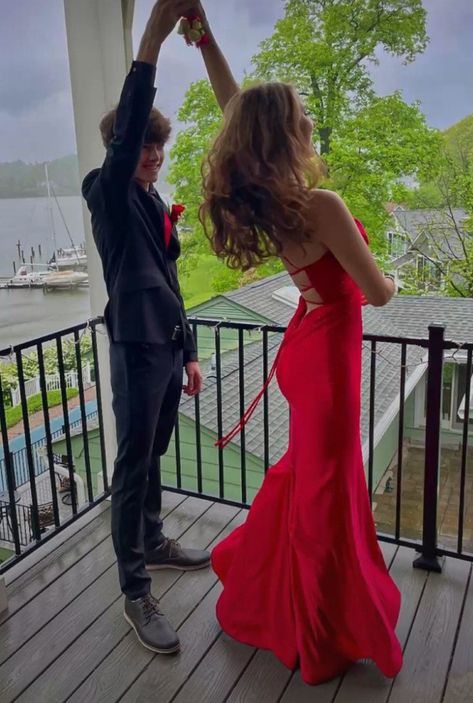 Fireman’s Ball Dress, Red Dress Prom Looks, Red Dress With Date Prom, Spinning Prom Pictures, Matching Prom Couples Red, Hoco Pics With Guy Friend, 4 People Prom Pictures, Red Prom Date Outfit, Prom Poses Couples Same Height