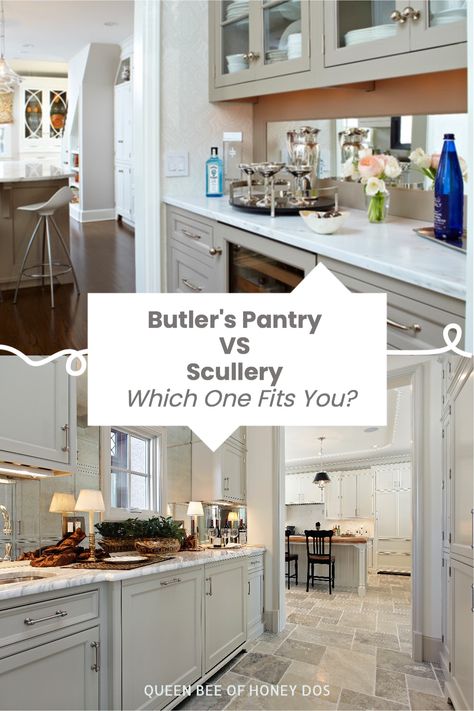 Two of the trendiest kitchen additions are the butler's pantry and the scullery. But what is the difference and which one is a better fit for you? Find out! #kitchens #remodel #trends #home #design Kitchen Butlers Pantry Floor Plans, Prep Area In Kitchen, Butler Kitchen Pantry, Kitchen Design With Butlers Pantry, Appliance Counter In Pantry, Butlers Pantry With Appliances, Pantry Into Butlers Pantry, Kitchen With Prep Kitchen, Butlers Pantry Closet