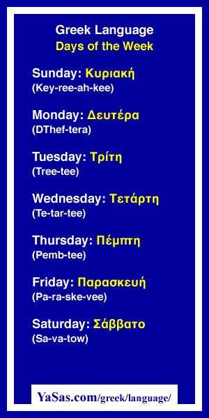 #YaSascom Learn the Greek Language Days of the Week: Sunday, Monday, Tuesday, Wednesday, Thursday, Friday, Saturday at http://yasas.com/greek/language/days-of-week/ and quiz at http://www.yasas.com/greek/language/quizzes/days-of-week/ Greek Words And Meanings, Speak Greek, Learning Greek, Greece Language, Greek Phrases, Greek Language Learning, Monday Tuesday Wednesday Thursday Friday, Learn Greek, Greek Travel