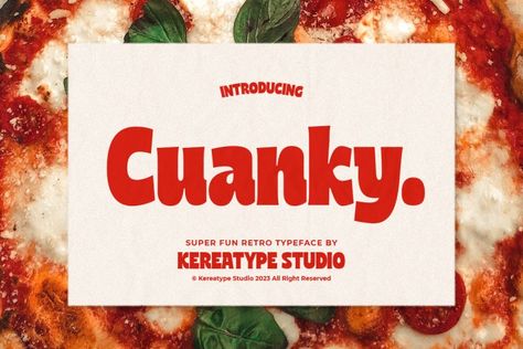 Cuanky is a super fun, retro-style sans serif font with subtle serifs. It possesses a recognizable flair and evokes a sense of warm nostalgia. Available in both regular and italic styles, Cuanky also features a playful hint of the future. Cuanky is perfect for headlines or food-related designs, such as pizza, burgers, and restaurant themes. […] Get your free download of the Cuanky Font now at FreeFontDL - Free Font Download! Food Typography Design, Restaurant Font, Food Font, Food Typography, Logos Vintage, Logos Retro, Font Creator, Free Commercial Fonts, Restaurant Themes