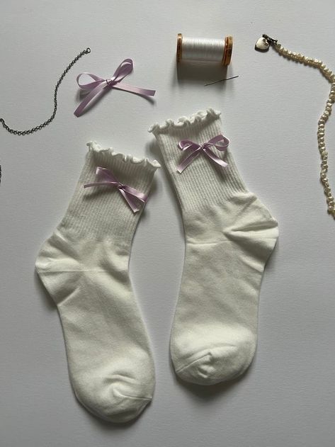 Frilly Socks Aesthetic, Bows On Clothes, Socks Coquette, Cute Socks Aesthetic, Coquette Socks, Ribbon Clothes, Ribbon Socks, Aesthetic Socks, Coquette Ribbon