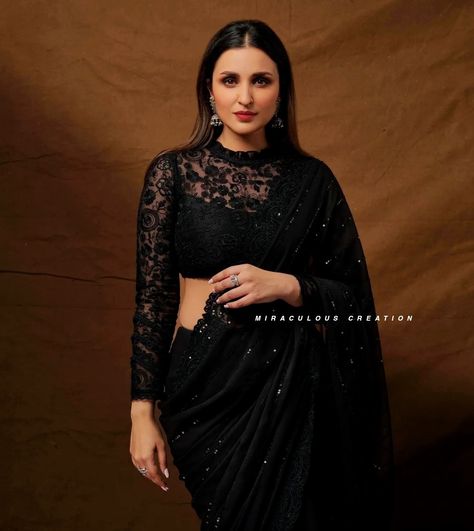 Full Neck Blouse Design, Black Full Sleeve Blouse, Full Sleeve Blouse Design, Black Saree Designs, Black Net Saree, Full Sleeves Blouse Designs, Lengha Blouse, Saree Outfit, Latest Saree Trends