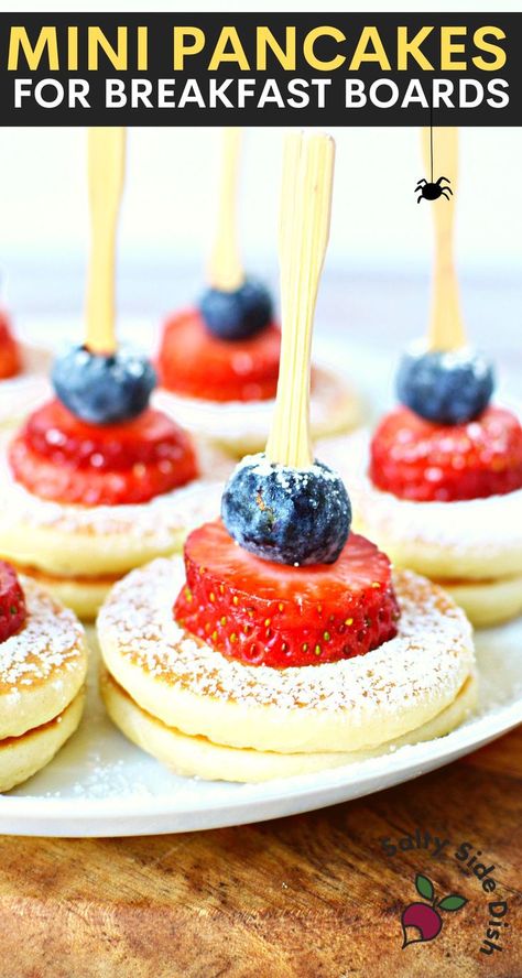 Silver Dollar Pancake Skewers (TikTok) - Trending TikTok Party Idea – Mini silver dollar pancakes loaded up on mini bamboo skewers for fresh strawberries, blueberries, and bananas. Mini Pancake Kabobs, Frozen Mini Pancakes Ideas, Pancake Kabobs, Pancake Skewers, Mini Pancake Skewers, Mini Pancakes Ideas, Breakfast Potluck, Pancake Sausage, Fruit Pancakes