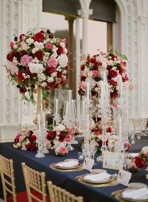 Lavender And Red Wedding, Quince Colors Schemes, Blush Wedding Reception, Greg Finck, Villa Ephrussi, Burgundy Wedding Flowers, Navy Color Palette, Red Centerpieces, Wedding Hall Decorations