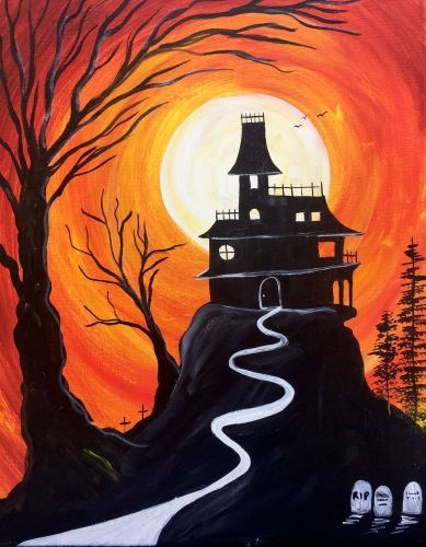 Halloween Party Painting, Haunted House Rock Painting, Spooky House Painting, Haunted Mansion Paintings, Halloween Acrylic Painting Ideas, Simple Halloween Paintings, Haunted House Painting, Easy Halloween Paintings, Spooky Paintings