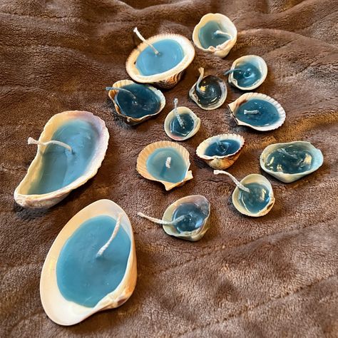 Handmade Shell Candles- Perfect For Wedding Or Beach Decor. Mixed Shells, Blue Paraffin-Free Wax. Subtle Ocean Breeze Scent. Lot Of 14 Wedding Seashell Decorations, Under The Sea Homecoming Decorations, Fall Beach Theme Decor, Beach Wedding Glasses, Ideas To Do With Seashells, Ocean Ideas Decoration, Diy Beach Wedding Decor, Sea Themed Wedding Decorations, Gothic Beach Decor