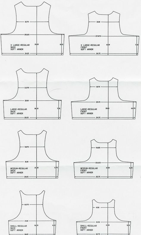 BALCS (Ballistic Armor Load Carrying System) panel dimensions for various sizes. Molle Vest, Cardboard Costume, Armor Vest, Foam Armor, Robot Costumes, Vest Sewing Pattern, Tactical Wear, Military Gear Tactical, Bullet Proof Vest