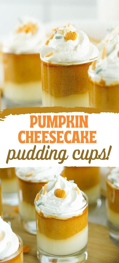 Pumpkin Cheesecake Pudding Cups Thanksgiving Pudding Cups, Pumpkin Pudding Shots, Thanksgiving Drink Menu, Fall Jello Shots, Cheesecake Pudding Cups, Pumpkin Cheesecake Pudding, Thanksgiving Pudding, Cheesecake Pudding Shots, Autumn Puddings