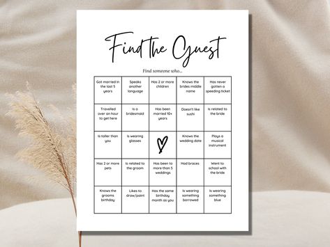 Find The Guest Bridal Shower Game Bridal Bingo Minimalist Bridal Shower Bingo Game Wedding Party Game Shower Game Engagement Party Game Engagement Party Dinner, Find The Guest Bingo, Guest Bingo, Free Printable Bingo Cards, Wedding Party Games, Engagement Party Games, Printable Bingo Games, Free Bingo Cards, Find The Guest