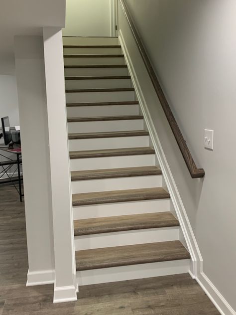 Love how clean this makes our basement stairs look Basement Under Stairs Ideas, Stairs To Basement, Stairs Basement, Cap A Tread, Stairs Renovation, Basement Entrance, Stair Makeover, Bedroom Addition, Basement Stairs