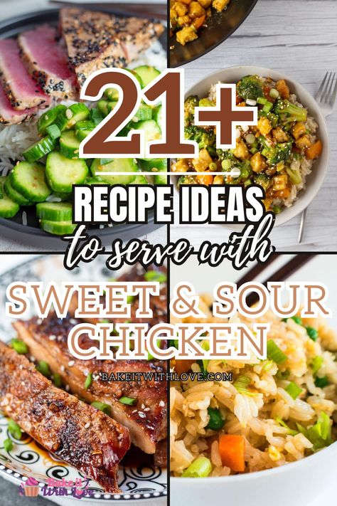 Here's what to serve with sweet and sour chicken to make it a flavorful and well balanced lunch or dinner that rivals any takeout place! From classic options like fried rice or lo mein to unique side dishes like sweet potato sushi, I've got you covered! Pick a few of these recipes and make your perfect plate! BakeItWithLove.com Sweet Potato Sushi, Sweet And Sour Beef, Balanced Lunch, Unique Side Dishes, Best Side Dish, Sweet Potato Fries Baked, Green Beans With Bacon, Side Dishes For Chicken, Sweet And Sour Chicken