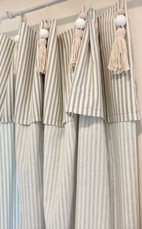 Simple Curtains DIY (Pottery Barn Inspired) - Celebrated Nest Curtains With Tassels, Cortinas Country, Ticking Stripe Curtains, Pottery Barn Diy, Cortina Boho, Cortinas Boho, Curtains Diy, Pottery Barn Inspired, Diy Pipe