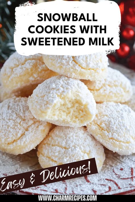 These Snowball Cookies made with sweetened condensed milk are an absolute treat! Soft, fluffy, and rolled in powdered sugar, they are like delicate clouds of sweetness perfect for any festive occasion. Try making them for holiday gatherings, potlucks, or simply to brighten up your day. Their melt-in-your-mouth texture will please everyone, young and old alike. Surprise your friends and family with these yummy cookies that not only look great but provide a delightful burst of flavor with every bite. Perfect desserts to share and cherish in every bite! Dessert With Evaporated Milk, Sweetened Condensed Milk Recipes Easy, Condensed Coconut Milk Recipes, Recipes Using Sweetened Condensed Milk, Condensed Milk Snowballs, Sweetened Condensed Milk Cookies, Condensed Milk Recipes Easy, Desserts To Share, Sweetened Condensed Milk Recipes