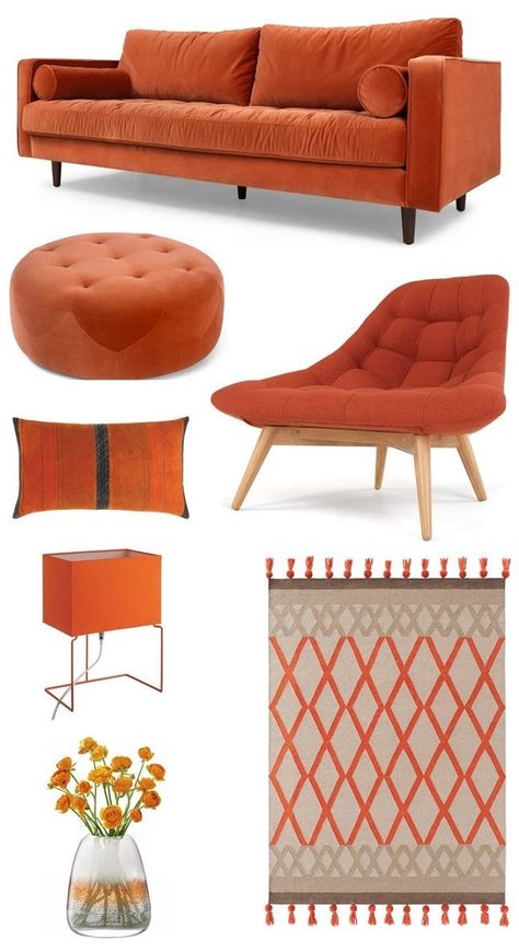 Orange And Black Living Room Decor Ideas, Orange Sitting Room Ideas, Orange And White Decor, Orange Chair Living Room, Grey And Burnt Orange Living Room, Grey Orange Living Room, Burnt Orange Sofa Living Room, Burnt Orange And Green Living Room, Burnt Orange Living Room Ideas