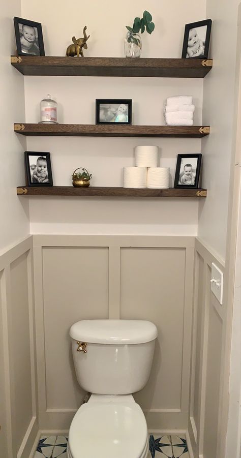 Bathroom Toilet Nook Ideas, Floating Shelves Half Bath, Shelves In Half Bath, Powder Bath Shelves, Shelves About Toilet, Toilet Room Ideas Panelling, Powder Rooms 2022, Farmhouse Downstairs Toilet, Water Room Bathroom Decor