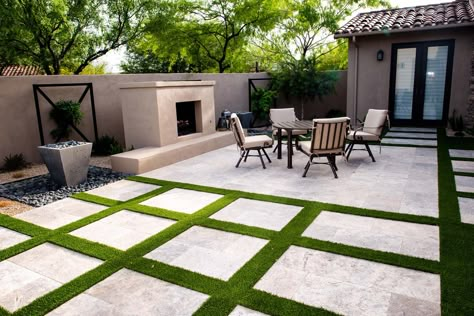 Astroturf Backyard, Turf Backyard Ideas, Rental Backyard, Backyard Ideas Modern, Modern Backyard Ideas, Turf Paver, Desert Yard, Small Backyard Landscape, Arizona Landscaping