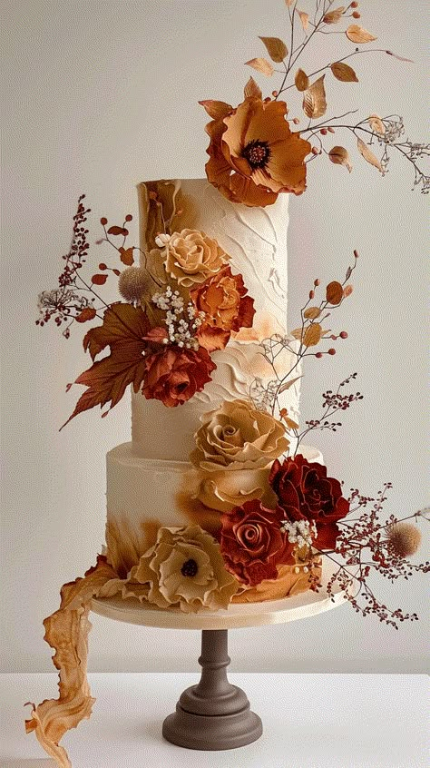 40+ Fall Wedding Ideas That Will Inspire You (Cake, Aisle, Table, Ceremony Decor, And More!) Wooden Wedding Cake, Fall Wedding Cakes Ideas, Italian Themed Wedding Cake, Terracotta Wedding Cake Ideas, Terracotta Cake Wedding, Luxury Fall Wedding, Burnt Orange Cake Ideas, Orange Wedding Cakes, Fall Theme Wedding Cake