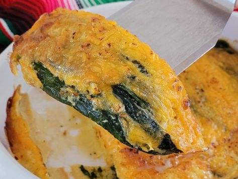 Baked Chiles Rellenos Oven Baked Chili Rellenos, Baked Chile Relleno, Baked Chile Relleno Recipe, Stuffed Chili Relleno Recipe, Mexican Chile, Chile Relleno Recipe, Rellenos Recipe, Mexican Main Dishes, Chile Relleno Casserole