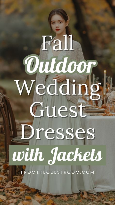 a woman wears a fall wedding guest dress with jacket for outdoor weddings Jackets For Dresses Wedding Guest, Fall Outdoor Wedding Guest Dress Casual, Wedding Guest Dress Jacket, Fall Wedding Jacket Guest, Fall Wedding Guest Dress Jacket, Barn Wedding Dresses Guest Fall, Montana Fall Wedding Guest, Casual Fall Wedding Guest Dress, Fall Dress For Wedding