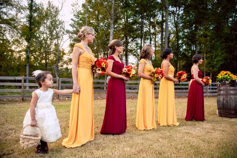 Sunflower Yellow Bridesmaid Dresses, Wedding Colors Schemes Fall, Maroon Wedding Colors, Wedding Colors Schemes, Maroon Bridesmaid, Eatonton Georgia, Maroon Bridesmaid Dresses, Orange Wedding Colors, Yellow Wedding Theme