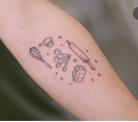 Small Dessert Tattoo, Minimalist Baking Tattoo, Tattoo Ideas For Bakers, Small Baking Tattoo Ideas, Baking Inspired Tattoos, Small Baking Tattoo, Baking Tattoos For Women, Cookbook Tattoo, Tiny Cake Tattoo