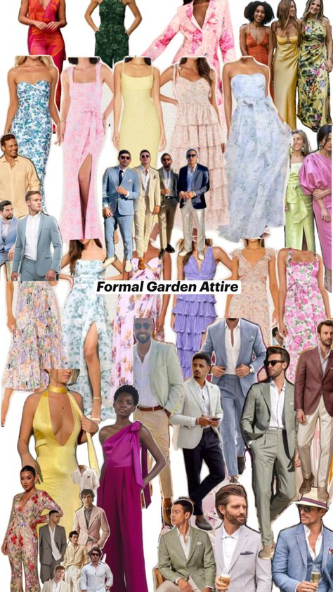 Guest Color Theme Wedding, Elevated Garden Party Attire, Formal Garden Party Wedding Guest Attire, Colorful Wedding Guest Attire, Garden Party Suit, Semi Formal Garden Party Attire, Garden Chic Wedding Attire Guest, Garden Formal Attire, Formal Garden Party Attire