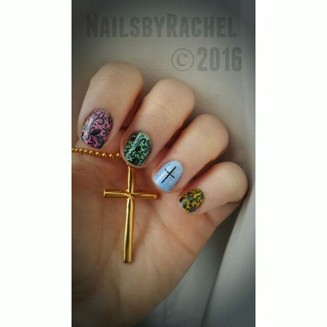 Christian Nail Art, Nail Art Cross, Happy Easter He Is Risen, Cross Nail Art, Purple Gel Nails, Lace Nail Art, Nails Holiday, Cross Nails, Easter Nail