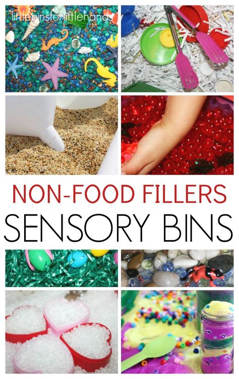 Easy non food sensory bin fillers for sensory play. Sensory bins are perfect for early childhood learning including toddler, preschool, and kindergarten age kids. Make fun sensory bins for every holiday and season too. Food Sensory Bin, Prek Sensory, Sensory Center, Sensory Bin Fillers, Kindergarten Sensory, Vetenskapliga Experiment, Sensory Tables, Preschool Sensory, Kids Sensory Play