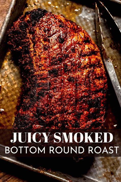 This Smoked Bottom Round Roast recipe transforms this lean, humble cut into an impressive slab of juicy, tender beef. Coated in mustard and a flavorful spice rub, enjoy it as a flavor-packed and crowd-pleasing centerpiece at your backyard barbecues or for laid-back Sunday dinners! Smoked Beef Bottom Round Roast, Smoked Beef Rump Roast, Beef Roast Rub For Smoker, Smoked Bottom Round Roast Recipes, Smoked Round Roast, Smoked Top Round Roast, Smoked Cross Rib Roast, Smoked Top Round Roast Recipes, Smoked Bottom Round Roast