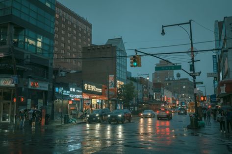 Rainy night street scene in Flushing, Queens, New York Rainy Night Street, Flushing New York, Trish Una, Flushing Queens, Night Street, Queens New York, Rainy Night, Hotel Motel, Posters Framed