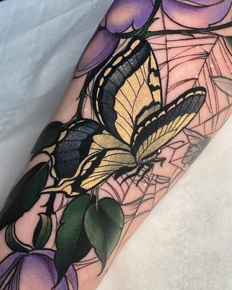 Neotrad Butterfly, Butterfly Tattoo Neo Traditional, Neo Traditional Butterfly Tattoo, Neo Traditional Butterfly, Insect Tattoos, Simple Cat Tattoo, Butterfly Thigh Tattoo, Dreamy Butterfly, Traditional Butterfly Tattoo